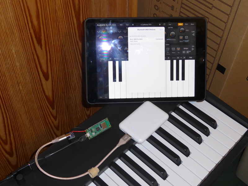 USB MIDI keyboard connected to a battery-powered Pico with Bluetooth LE connection to an iPad.